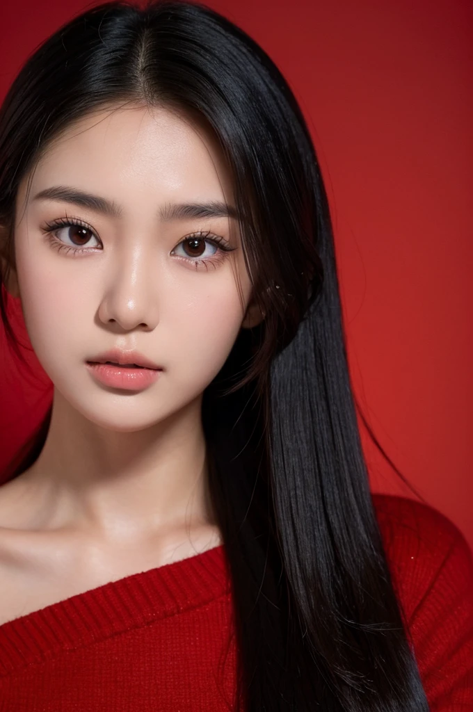 "masterpiece, ultra-realistic, indonesia woman 20 years old, 8k, hd, beautiful girl, black hair, very long hair, straight hair, closed mouth,1girl, detailed face, beautiful woman's face, red sweater, plumpy, red background, looking to viewer, 85mm lens, cinematic light