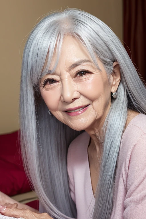 Elderly grandmother、kiss、dentures、1 person、bed、Heavy makeup、Long Hair, Silver Hair,