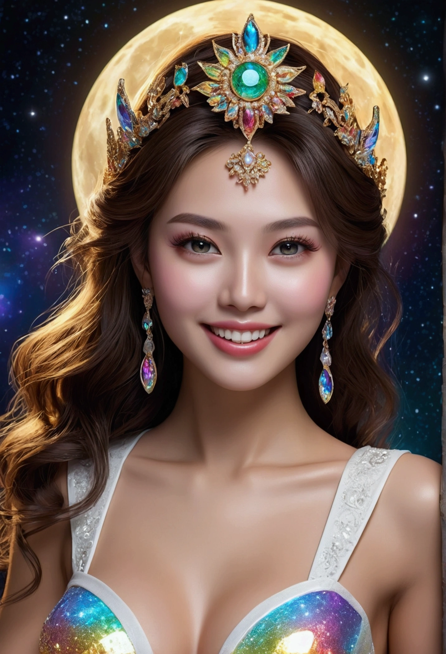 super realistic detailed face and the most beautiful eyes and realistic white teeth of a goddess of beauty, a super beautiful woman wearing a sexy white and iridescent tight dress, she wears colorful sparkling high heels, a masterpiece of a passionate beauty, she has a very charming smile, sexy figure, the work is like Chang'e on the moon standing on the rainbow, realistic, focusing on the sexy body in detail, super sharp, super portrait, best quality, UHD, 18K
