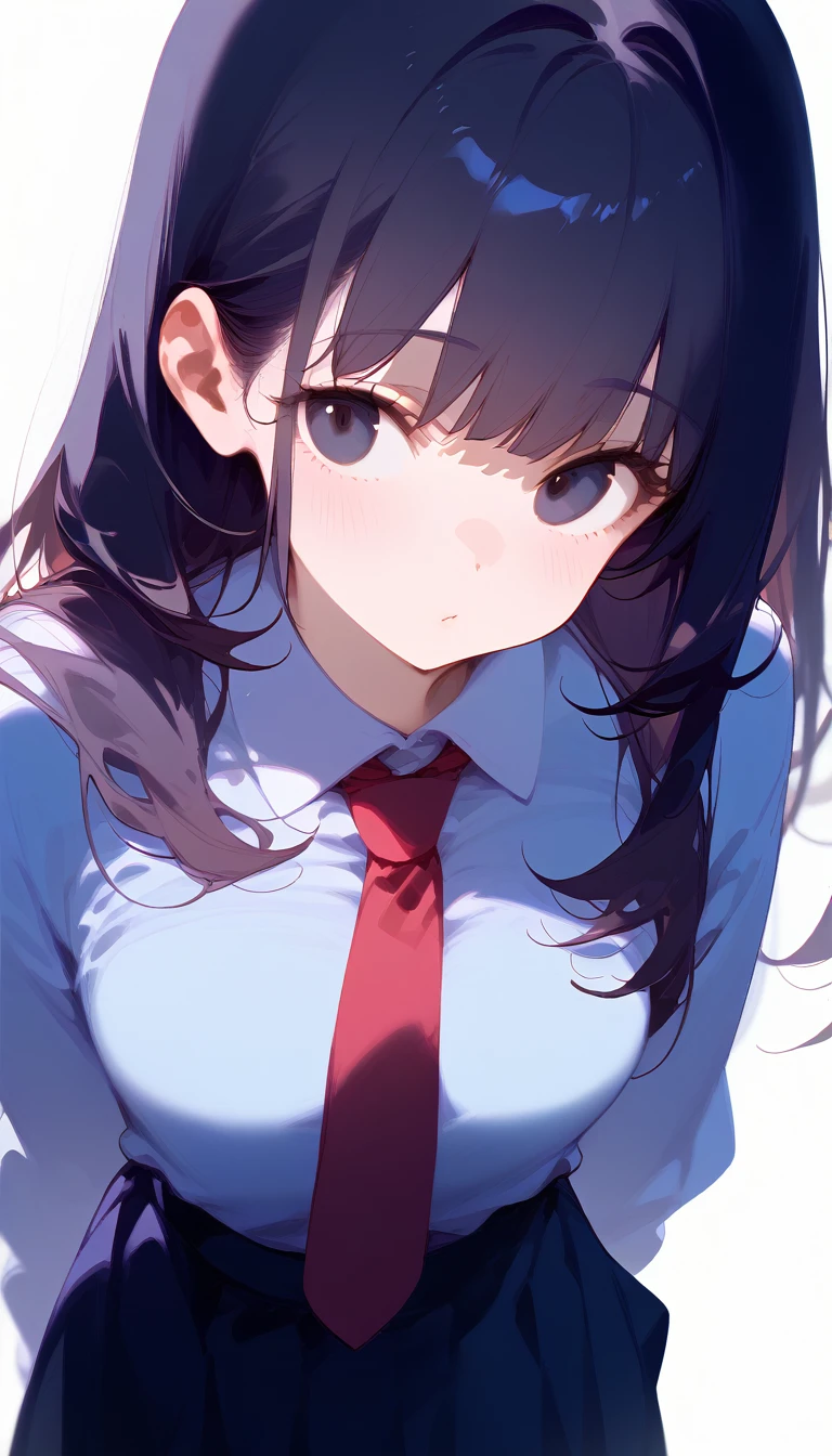 Girl 1, (blank white background) long straight black hair long bangs, cold narrow eyes beautiful black eyes, schoolgirl, white background, Wearing a tie, a student wearing a Japanese school uniform, wearing a short dark blue skirt, posing with her hands in front of a blank expression, an adult face, half body image