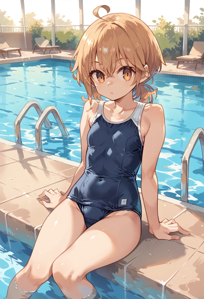 poolside,cowboy_shot,front_shot,sitting on the poolside holding her knees,1-girl,young_woman,(((petite))),school swimsuit,((ahoge))