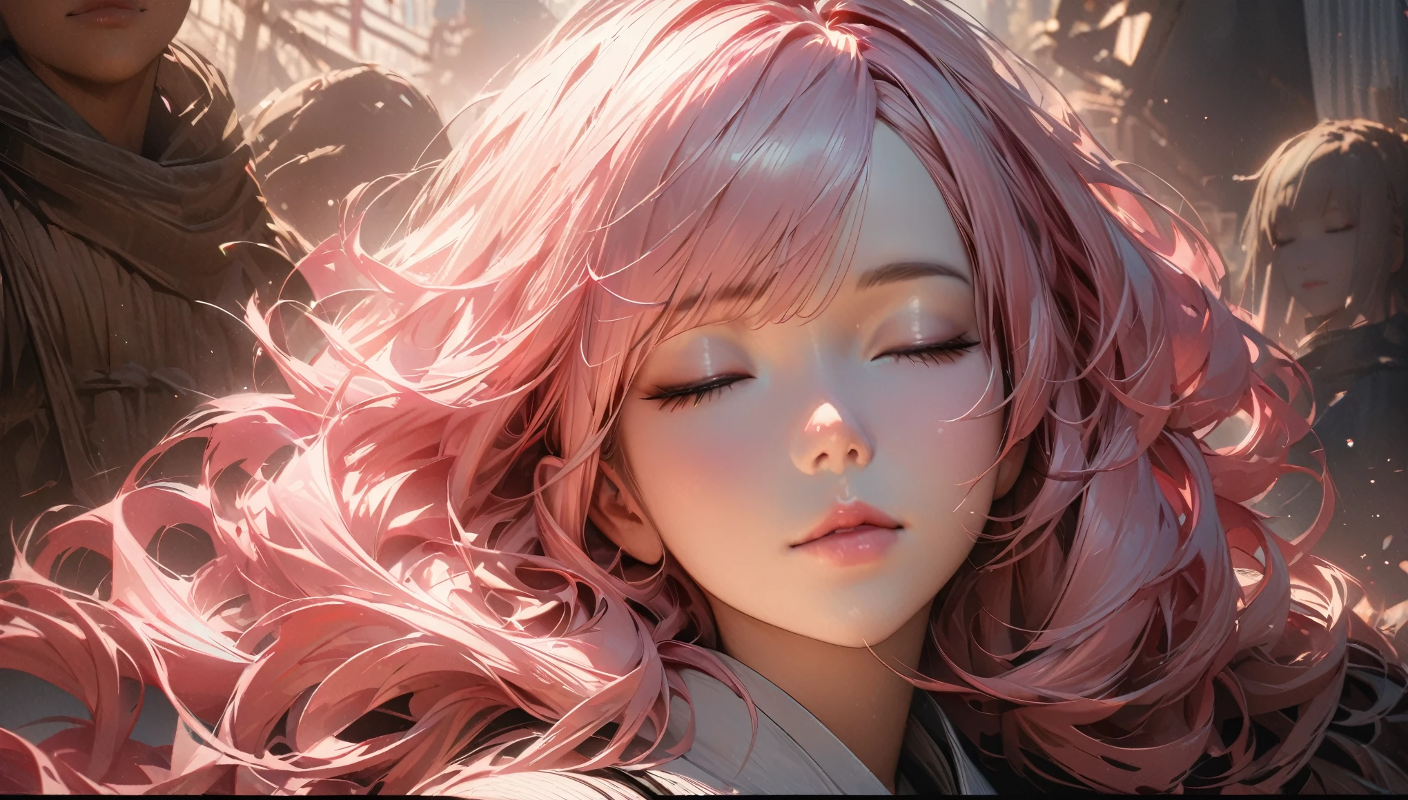 One Woman, , Ultra-high resolution, 超detailed, Highest quality, 8K,((Highest quality)), ((masterpiece)), (detailed),Face direction(front),Japanese face,sleeping face,Hair Color(light pink Hair,Realistic Hair)