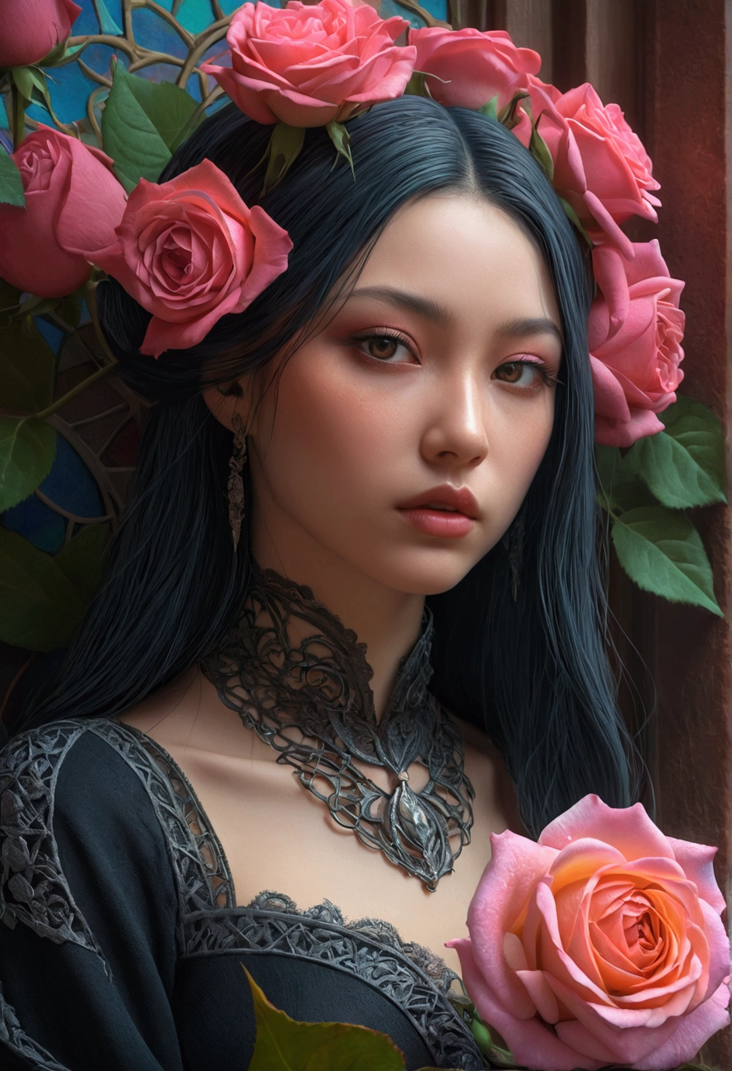 A flower by Casey Weldon, Olga Kvasha, Miho Hirano, hyperdetailed intricately detailed gothic art trending on Artstation triadic colors Unreal Engine 5 detailed matte painting, deep color, fantastical, intricate detail, splash screen, complementary colors, fantasy concept art, 8k resolution, gothic deviantart masterpiece, (dark shot:0.9), art by greg rutkowski and artgerm, soft cinematic light, adobe lightroom, photolab, hdr, intricate, highly detailed, rose