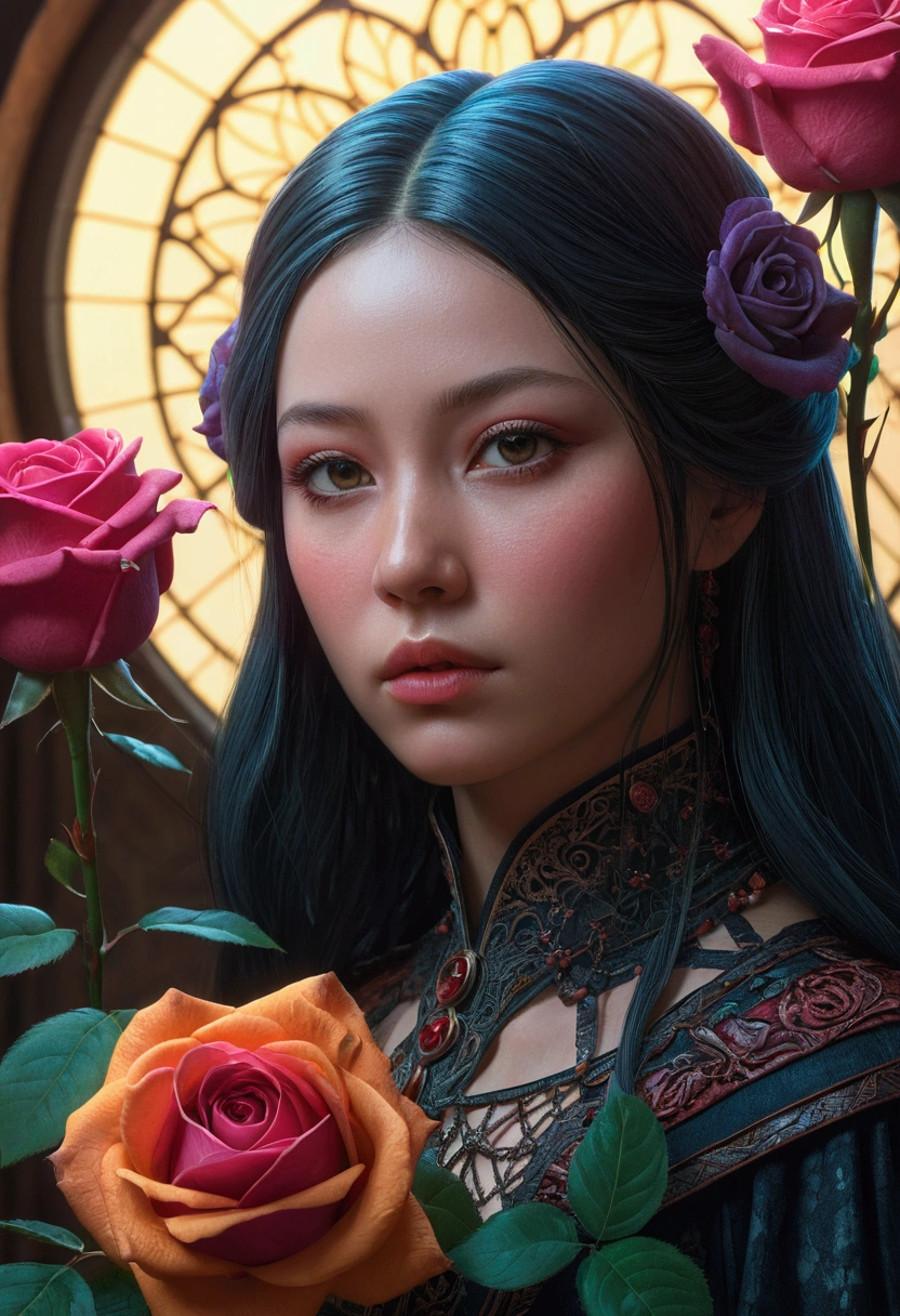 A flower by Casey Weldon, Olga Kvasha, Miho Hirano, hyperdetailed intricately detailed gothic art trending on Artstation triadic colors Unreal Engine 5 detailed matte painting, deep color, fantastical, intricate detail, splash screen, complementary colors, fantasy concept art, 8k resolution, gothic deviantart masterpiece, (dark shot:0.9), art by greg rutkowski and artgerm, soft cinematic light, adobe lightroom, photolab, hdr, intricate, highly detailed, rose