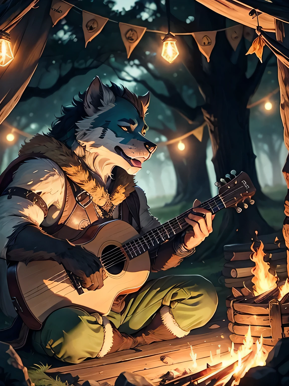 a ::bard gnoll in the world of dungeons and dragons, playing a lute, in an outdoor camp, ::bonfire, night, perfect face, strong