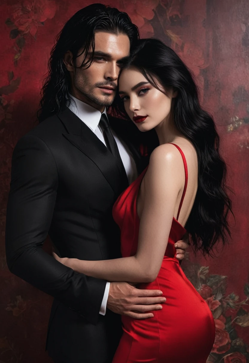 Sultry couple, hugging. Dark romance aesthetic. Handsome man wearing black suit. Beautiful long black haired woman wearing red dress. Nsfw.