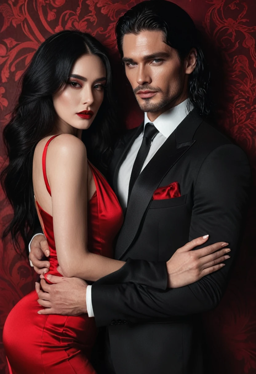 Sultry couple, hugging. Dark romance aesthetic. Handsome man wearing black suit. Beautiful long black haired woman wearing red dress. Nsfw.