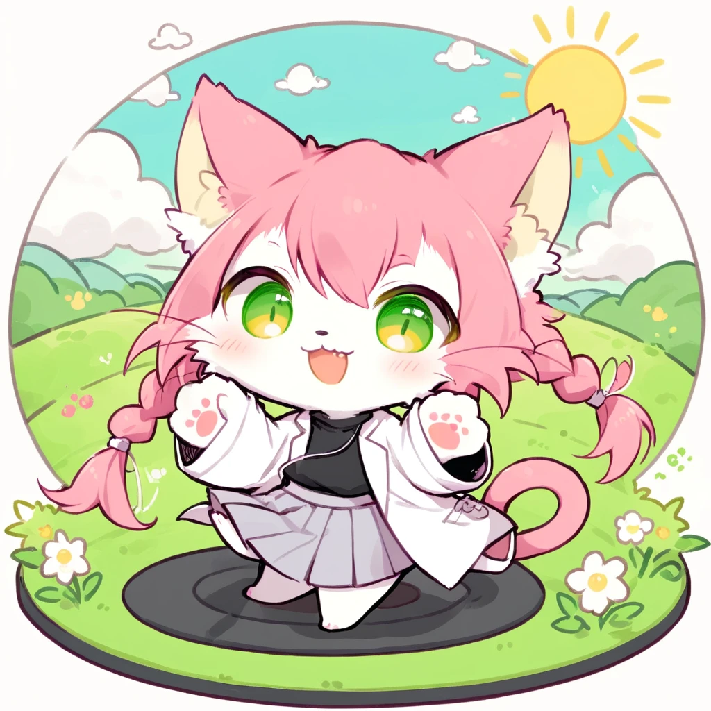 best qualiy,furry,neko_hakase is dancing in a green land,sun,sky,flowers,cloud,smile,furry,look at viewer,pink hair,full body,pigtail,tail,two_hands,cat pad,two_black_feets,white_clothing,skirt,grey_skirt,(chibi:0.1)