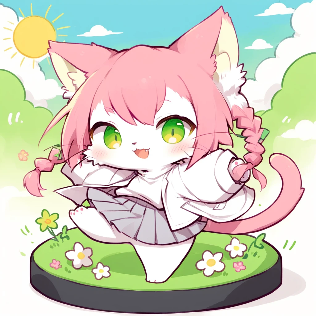 best qualiy,furry,neko_hakase is dancing in a green land,sun,sky,flowers,cloud,smile,furry,look at viewer,pink hair,full body,pigtail,tail,two_hands,cat pad,two_black_feets,white_clothing,skirt,grey_skirt,(chibi:0.1)