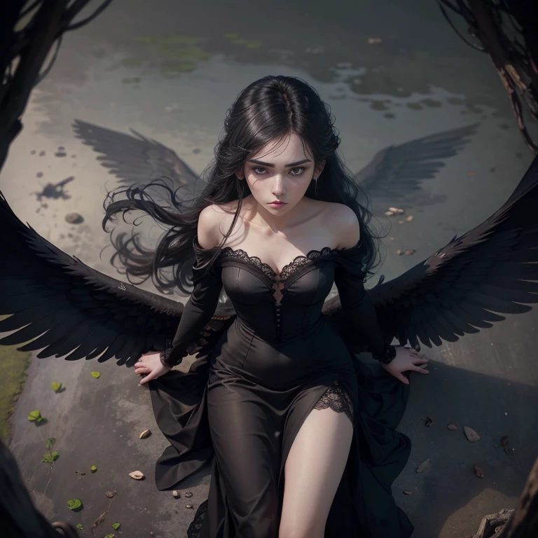 (((flying in the sky:1.3))),An illustration of a girl with the appearance of a fallen angel. She has dark, feathery wings with tattered edges and a melancholic expression. Her long hair flows freely, with a few strands falling over her eyes. She wears a gothic-inspired outfit, featuring a dark dress with lace and intricate details. The girl's eyes are a striking color, and she has a subtle aura of sadness and mystery. The background is dimly lit, with a soft, ethereal glow that highlights her figure, adding to the overall otherworldly and mystical atmosphere.