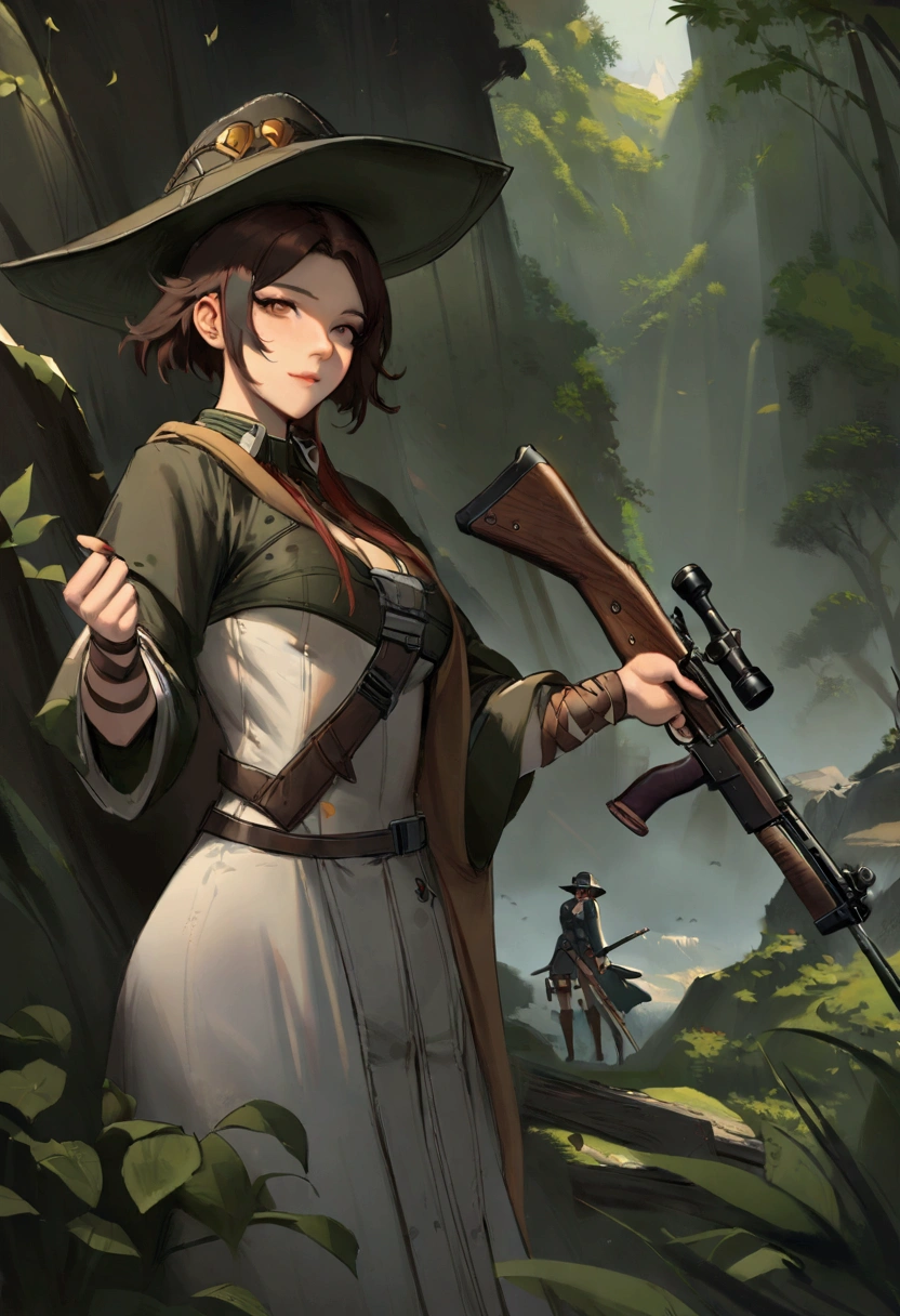 inspired by Li Chevalier, kantai collection style, girls frontline style, digital art from danganronpa, from girls frontline, cushart krenz, megumin, attractive matoi ryuko, akane owari danganronpa, official character art, female protagonist 👀 :8,  from girls frontline, fine details. girls frontline, girls frontline universe, girls frontline style, girls frontline, girls frontline cg, female protagonist 👀
, a painting of a woman with a rifle and a hat, artwork in the style of guweiz, forest hunter lady, guweiz, g liulian art style, by Zou Zhe, by Yang J, by Qu Leilei, beautiful character painting, by Leng Mei, by Fan Qi, traditional art, detailed digital 2d fantasy art