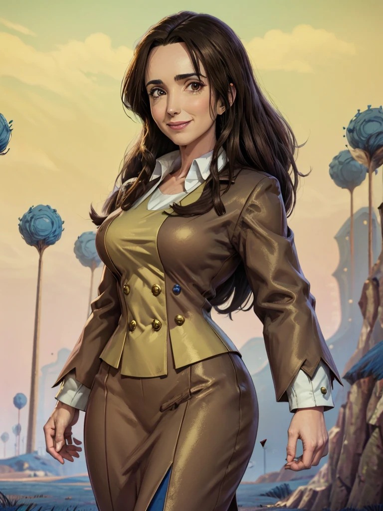 8k, Best Quality, Victoria Villarruel dressed in a suit as a Dragon Ball lawyer, long dark brown hair, slim with wide hips, smiling warm expression. outdoor, clearing, plain, namek trees background.