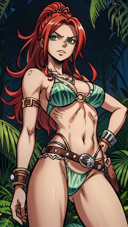 (1girl, lorelei dg), (extremely detailed CG unit 8k wallpaper),(master part), (best quality), (ultra detail), (best illustration),(One Piece Style), cowboy shot, (Sharp eyeliner, ombre, detailed eyes:1), exotic jungle background, break , upper body, ankle cuffs, armband, armlet, belt,  armor, bone, loincloth, dreadlocks, tooth necklace,fangs, green eyes, red hair,tribal, anklet, long hair, skull,belt,fundoshi,o-ring,