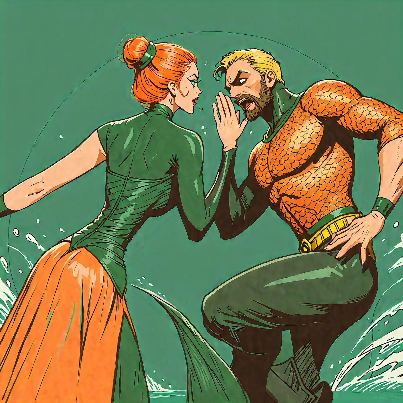 whisper, secret, moonlit confession, aquaman and catwoman, vintage orange and green sea hero Aquaman confessing to leather maxi dress elegant graceful catwoman, cartooonish excessive zany wacky unhinged stanky boogie dance, action shot, funky bop dancing, line drawing, minimal, 1990s style, angular sketch style, perfect, serene, cinematic, bold distinct coloring, solid colors, cartoon style features expression, aquaman motioning gesture to tell confession, surreal