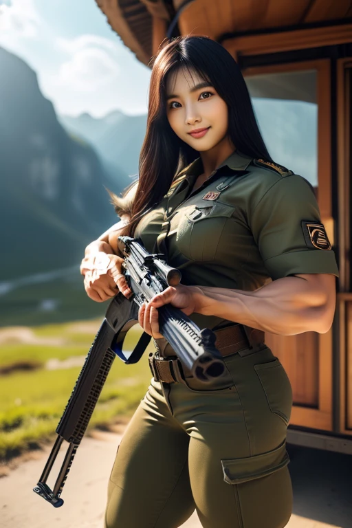 (8K, Raw-Photo, best qualtiy, tmasterpiece:1.2),(realisticlying, photograph realistic:1.4),(Highly detailed CG unity 8k wallpaper),(Round face: 1.5), (detailed pupil:1.3),(Cool Eyes:1.1),(little smile:1.1),(Unforgettable Eyes:1.1),(The eyes are so beautiful:1.1),A young but very beautiful 35-year-old Malay female soldier stands in front of a snowy mountain valley ,K2 rifle in hand,Clothed Malaysian Commando Corps Uniform, strong muscles,Marine Girl, assault rifle, (holding rifle: 1.3), (Aim and hold the rifle...: 1.3),navels, glove, Ripped military pants,