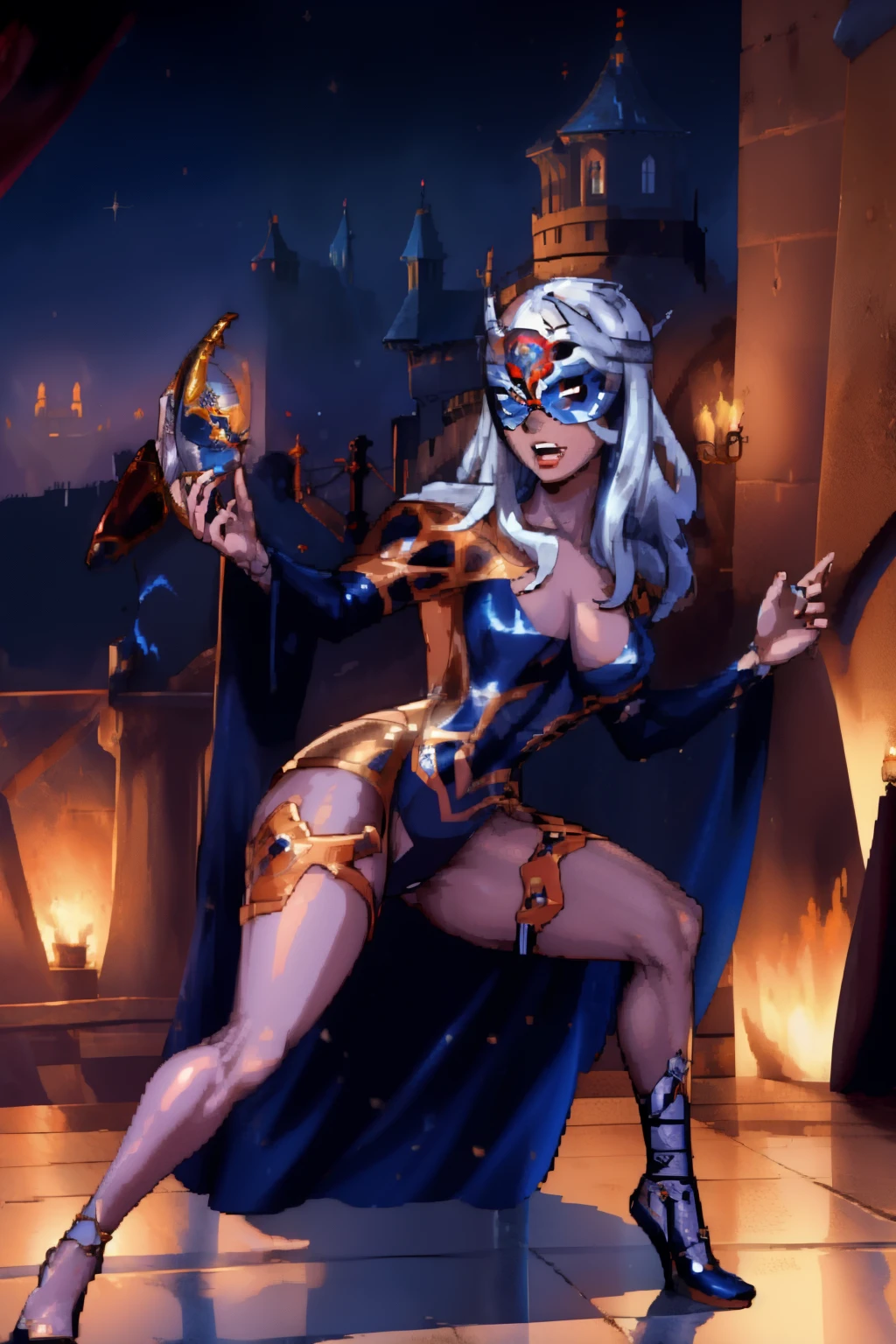 carmilla, medium breasts, black dress. by white, beautiful face, blue eyes, (masterpiece1.2), Best Quality, absurdities, High resolution, extremely detailed wallpaper, perfect lighting, from below, blue eyes, castillo, view of the castle, outdoors, de evening, evening, at night, pussy, spread legs, NSFW, +18, ((silver mask))