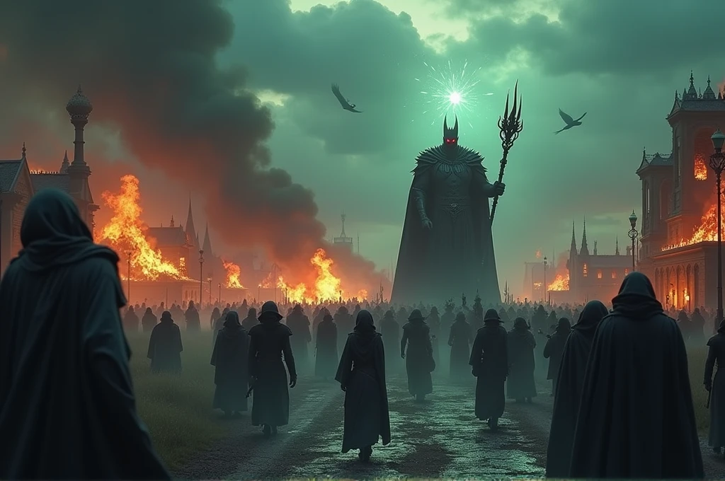 A cinematic, epic scene of a dark army led by a Dark Lord invading a village at dusk. Human Escape,The sky is filled with dark clouds and smoke from burning buildings, casting an eerie and apocalyptic glow. The Dark Lord, towering and menacing with glowing red eyes and dark armor, wields a staff emitting dark, crackling energy. The army consists of shadowy figures in dark armor, wielding sinister weapons, marching forward with discipline and menace. Evil magic swirls in the air, casting ominous shadows and eerie green and purple glows. Behind them, giant war beasts and monstrous creatures wreak havoc, smashing buildings and roaring. Villagers are seen fleeing in terror, some carrying children or belongings, while others fight desperately to defend their homes. Fires blaze throughout the village, adding to the chaos and destruction. The overall scene is highly detailed and realistic, capturing the intensity and terror of the invasion with a high level of cinematic quality. The style should evoke an apocalyptic and dramatic mood, with a focus on evil magic and a dark, foreboding atmosphere.