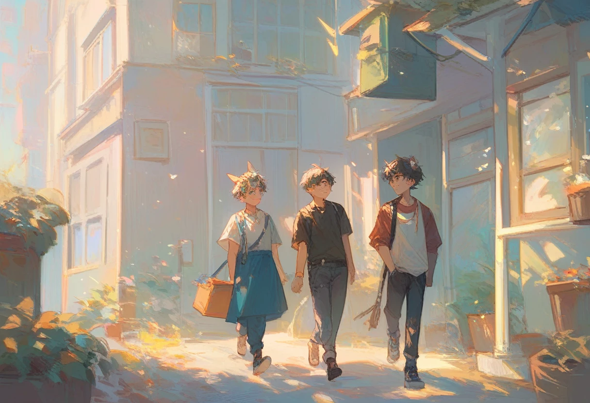 2 boys, cute face, holing hand, walking, light, 2 characters