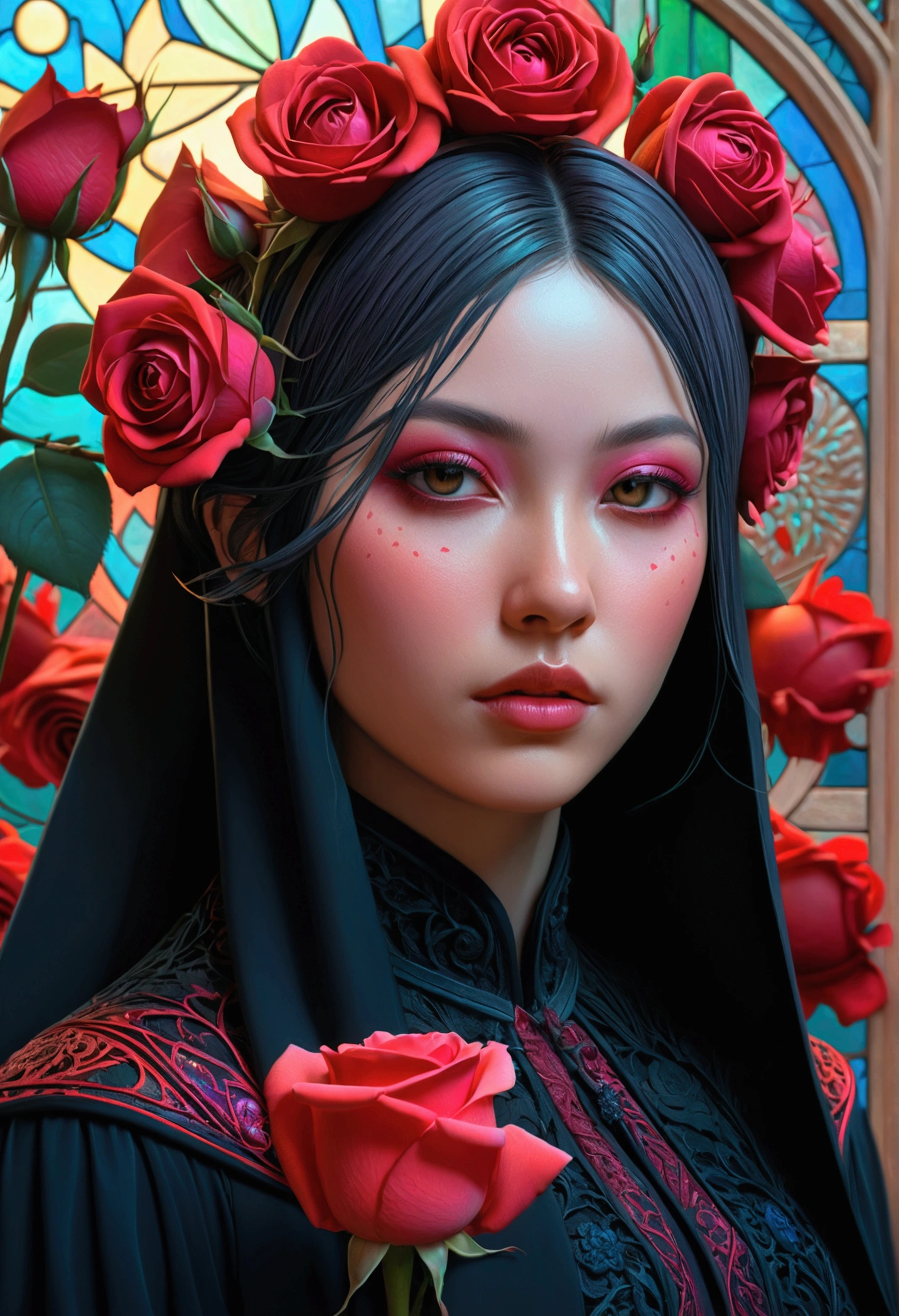 A flower by Casey Weldon, Olga Kvasha, Miho Hirano, hyperdetailed intricately detailed gothic art trending on Artstation triadic colors Unreal Engine 5 detailed matte painting, deep color, fantastical, intricate detail, splash screen, complementary colors, fantasy concept art, 8k resolution, gothic deviantart masterpiece, (dark shot:0.9), art by greg rutkowski and artgerm, soft cinematic light, adobe lightroom, photolab, hdr, intricate, highly detailed, rose