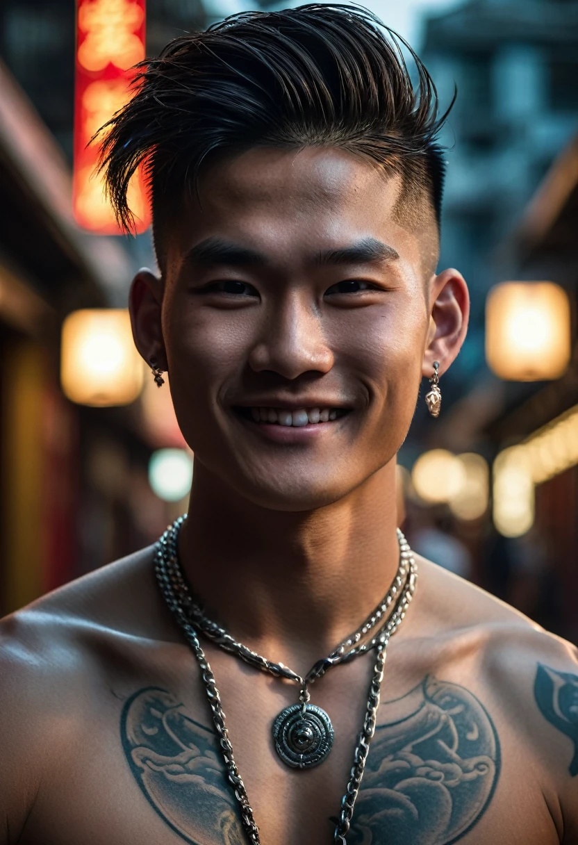 Close-up of a man, extremely handsome, , muscular, tattooed, wearing a necklace, hair tied up, street scene, gangster style, romance, Hong Kong cinema. Cinematic lighting, high detail, 8k, artstation, conceptual art, dark fantasy. Photo taken with Canon EOS R5 85mm f/11 camera, ((sharp)) mode of people and surrounding scenery. Image quality ((8K)), ((realistic)), ((masterpiece)), ((sharpest and highest contrast)), ((excellent depth of field)), ((stereoscopic lighting)). ((bright smile)), detailed pores, ((Direct light on face)), bright sunlight.