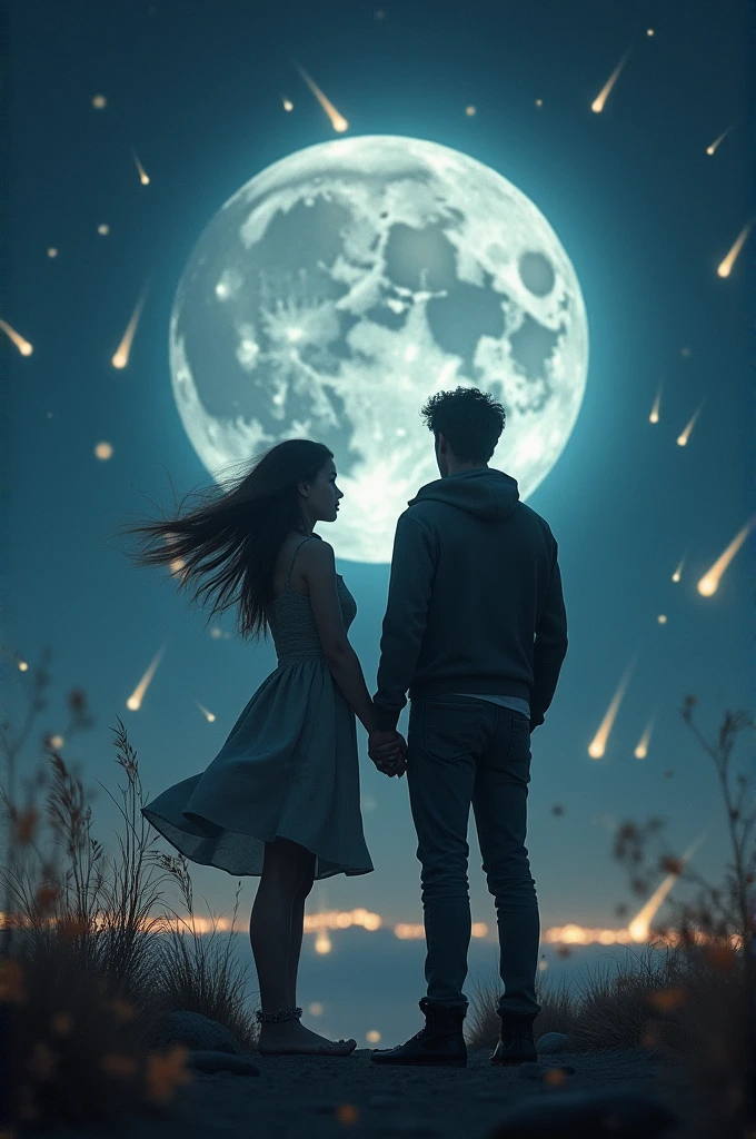 masterpiece, highest quality, Highest image quality, High resolution, photo realistic, Raw photo, full body photo, (night, giant Moon in the sky :1.4, outdoor, boy and girl, boy talking to girls:1.5, boy and girl holding both hands)