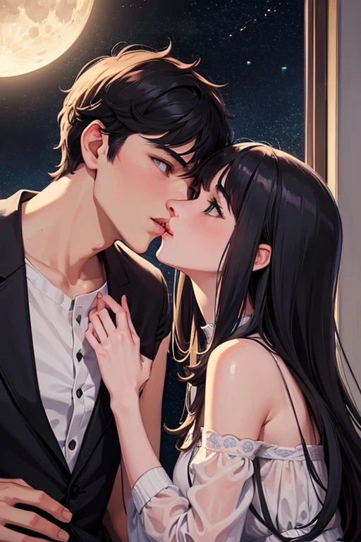 Moon,Boy kisses girl,(masterpiece, best quality, high quality, high resolution, Extremely detailed),