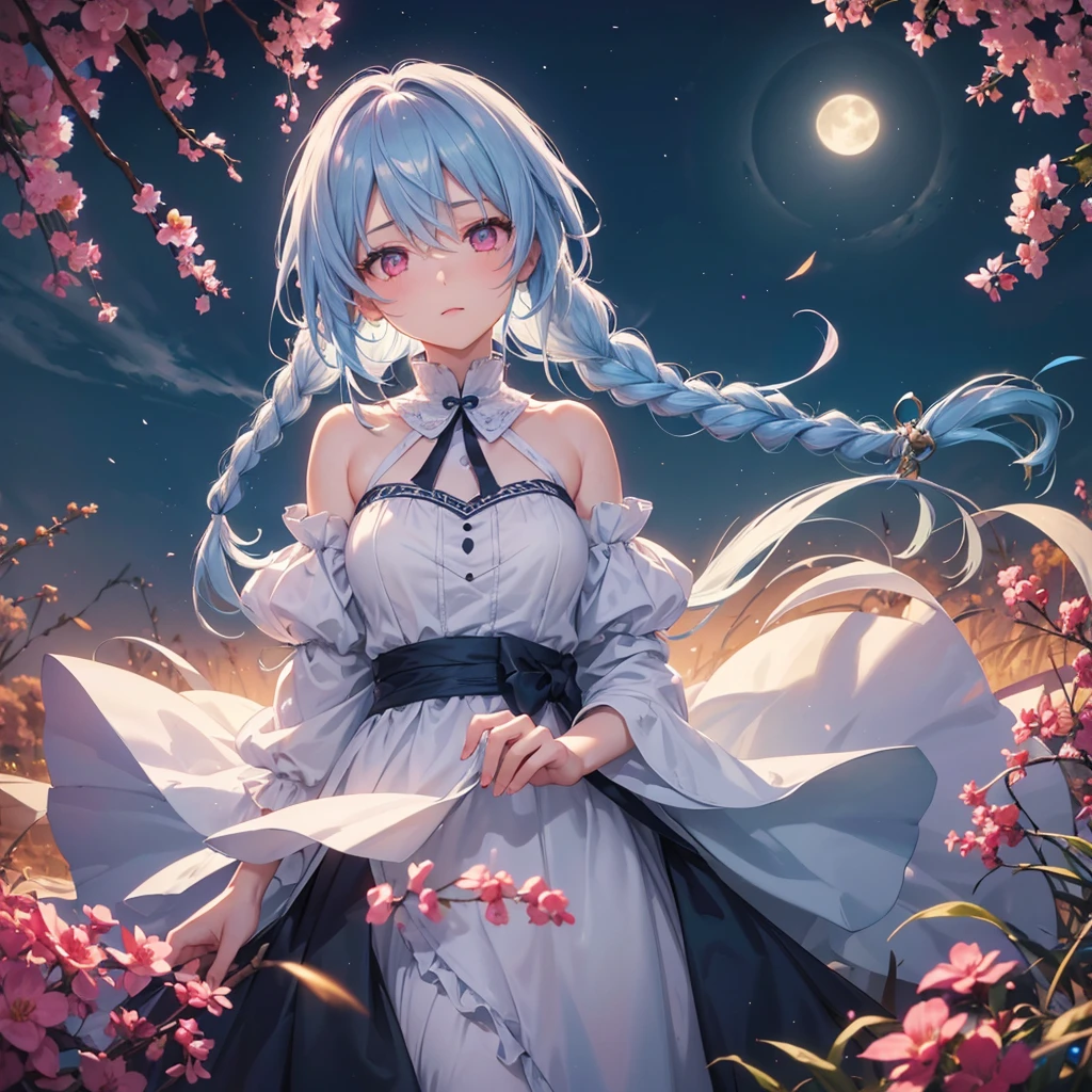 Sky blue hair, (1 braided hair), (Pink eyes),Fair skin) ,(whole body),(One Girl),(White sweet dumpling), harvest moon,A large amount of Miscanthus sinensis in the background,(full moon),(masterpiece, Highest quality, Very detailed, Best Shadow), (Detailed Background), (Beautifully detailed face), High Contrast, (Best lighting, Very delicate and beautiful), ((Cinematic Light)), Hyper Detail,8k, Dramatic Light, Intricate details,
