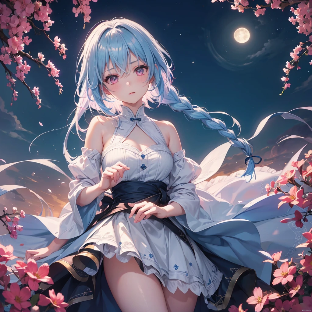 Sky blue hair, (1 braided hair), (Pink eyes),Fair skin) ,(whole body),(One Girl),(White sweet dumpling), harvest moon,A large amount of Miscanthus sinensis in the background,(full moon),(masterpiece, Highest quality, Very detailed, Best Shadow), (Detailed Background), (Beautifully detailed face), High Contrast, (Best lighting, Very delicate and beautiful), ((Cinematic Light)), Hyper Detail,8k, Dramatic Light, Intricate details,