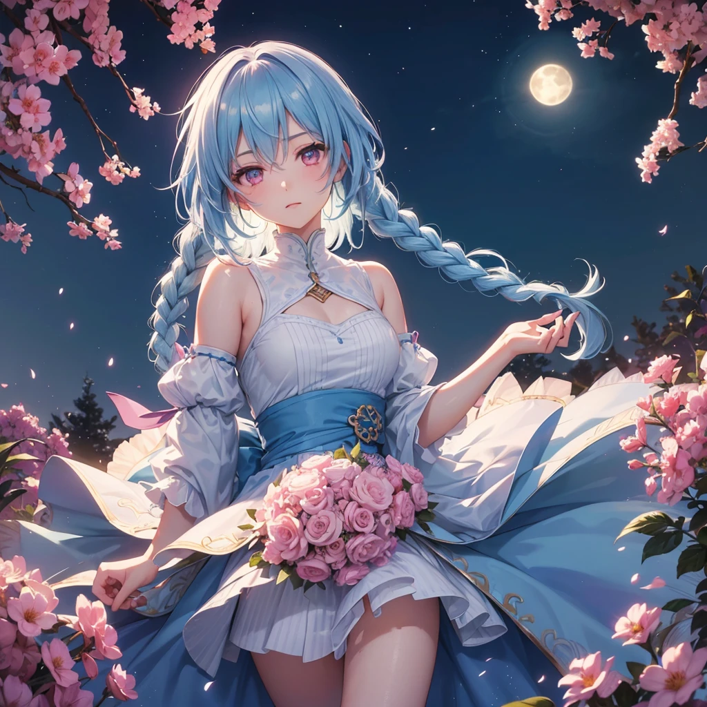 Sky blue hair, (1 braided hair), (Pink eyes),Fair skin)  ,(whole body),(One Girl),(White sweet dumpling), harvest moon,A large amount of Miscanthus sinensis in the background,(full moon),(masterpiece, Highest quality, Very detailed, Best Shadow), (Detailed Background), (Beautifully detailed face), High Contrast, (Best lighting, Very delicate and beautiful), ((Cinematic Light)), Hyper Detail,8k, Dramatic Light, Intricate details,