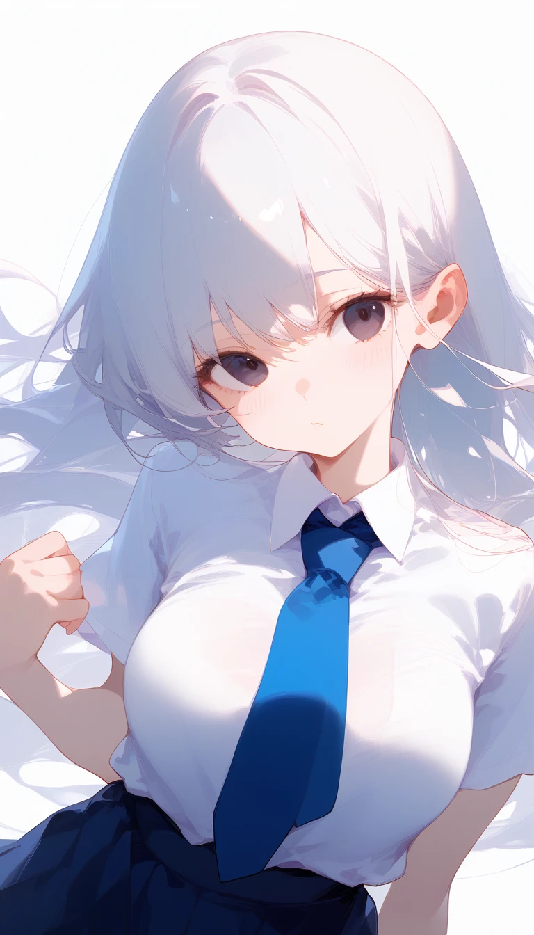 Girl 1, (blank white background) long straight straight white hair long bangs, cold narrow eyes beautiful black eyes, schoolgirl, white background, Wearing a tie, a student wearing a Japanese school uniform, wearing a short dark blue skirt, posing with her hands in front of a blank expression, an adult face, half body image, Blue tie