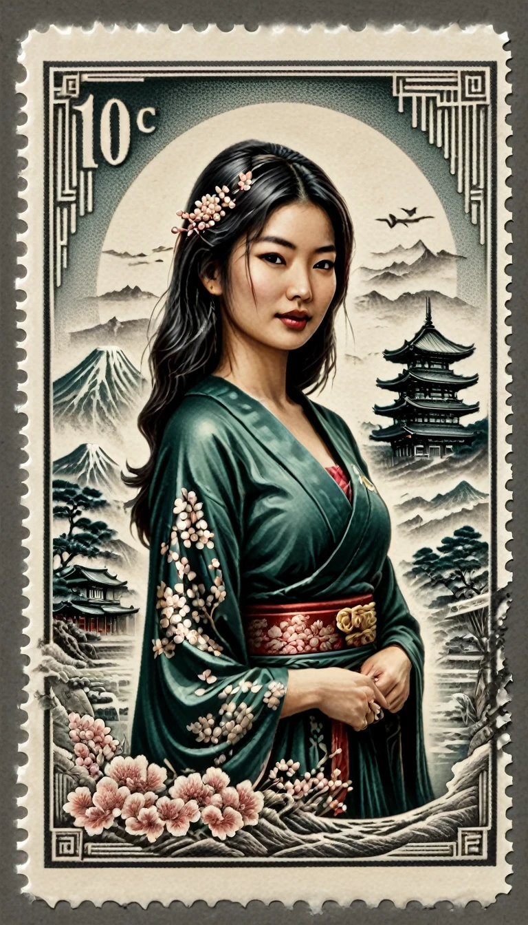 3d, stamped embossed, fillagree, realistic, pretty, lovely,landscap art retro,Japanese woman, old vintage stamp, ink punk,dinamic,ink art , comic book, cartoon,colors, sketch, tiny detailed, masterpiece, artstation trends, sharp focus, ,bold high quality, intricate details,vector style for t-shirt,ultra detailed, high resolution,kodew