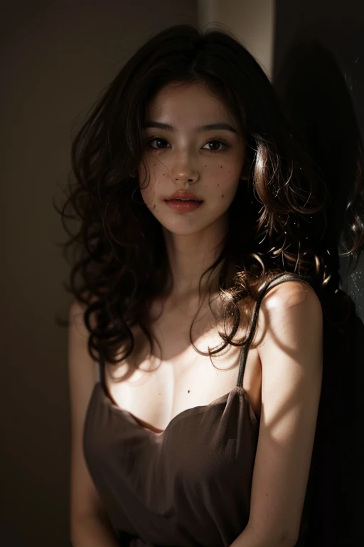1girl,smirk,curly hair,in the dark,deep shadow, some moles