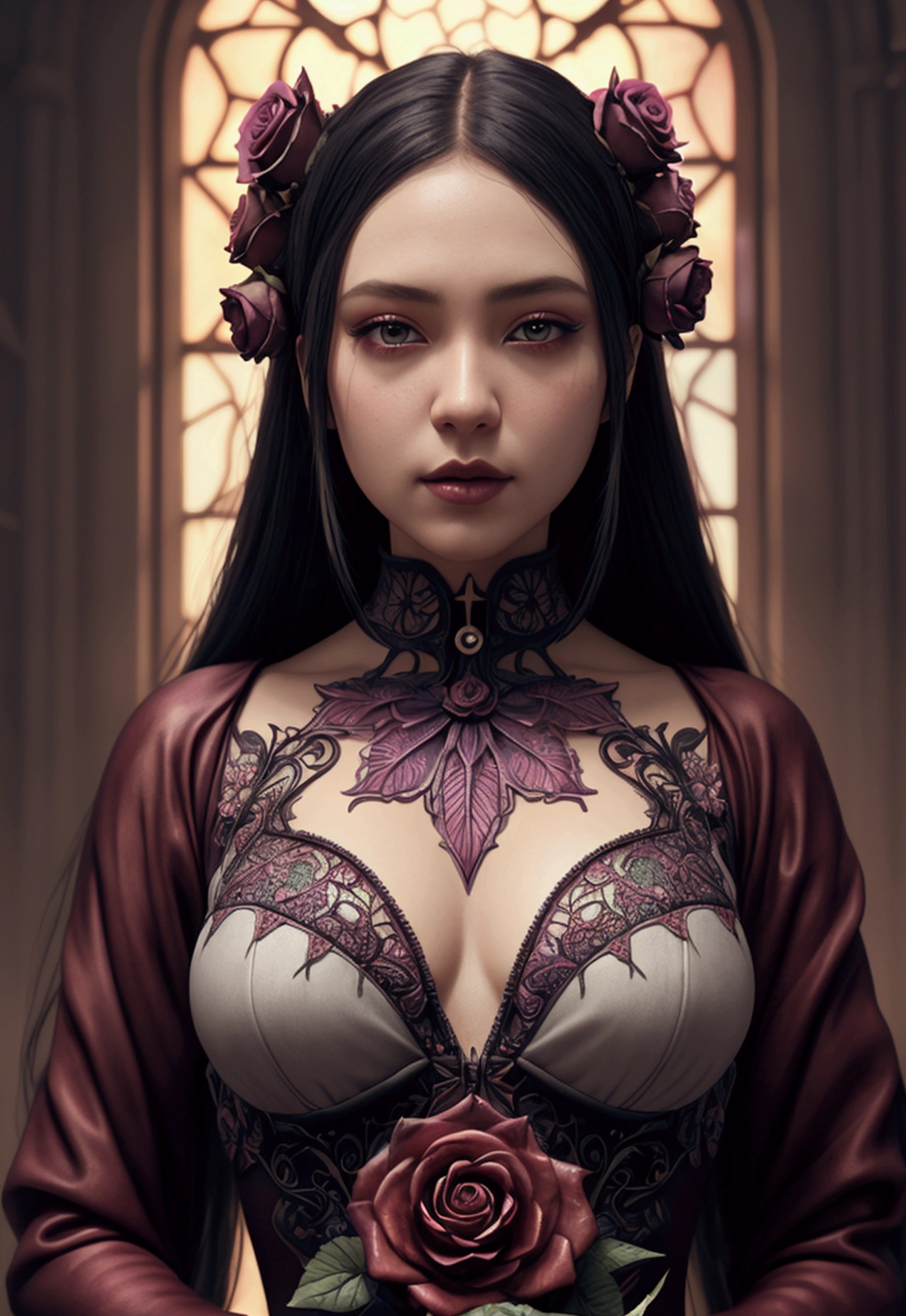 A flower by Casey Weldon, Olga Kvasha, Miho Hirano, hyperdetailed intricately detailed gothic art trending on Artstation triadic colors Unreal Engine 5 detailed matte painting, deep color, fantastical, intricate detail, splash screen, complementary colors, fantasy concept art, 8k resolution, gothic deviantart masterpiece, (dark shot:0.9), art by greg rutkowski and artgerm, soft cinematic light, adobe lightroom, photolab, hdr, intricate, highly detailed, rose