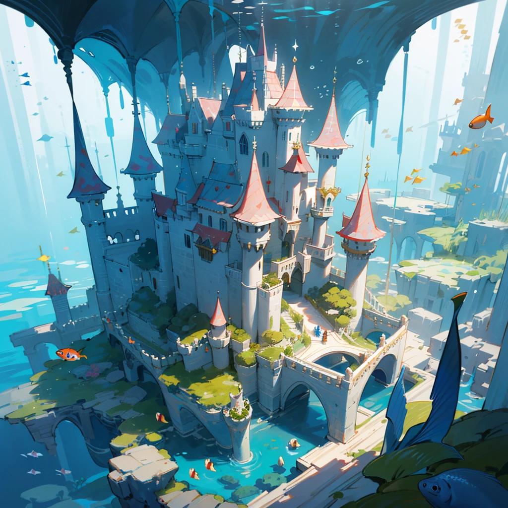a painting of a castle surrounded by water and fish, magical castle, little mermaid magical kingdom, fantasy castle, under the sea, beautiful detailed fantasy, underwater world, magic fantasy highly detailed, under water scenery, magical ocean, underwater city, ultra detailed fantasy, beautiful castle, fairy palace, an underwater city, fantasy highly detailed, fantasy sea landscape, undersea temple with fish