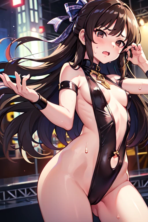 Browsing Caution、Primary school students、、Long Hair、((Small breasts、Small breasts、anger))、((Sweating profusely、Full nudity、Wrapping a ribbon around the body))、Draw the whole body、Dancing、Grab the microphone、Standing on the idol stage、Raise your arms、Show your side、Realistic body、Wearing a dog collar