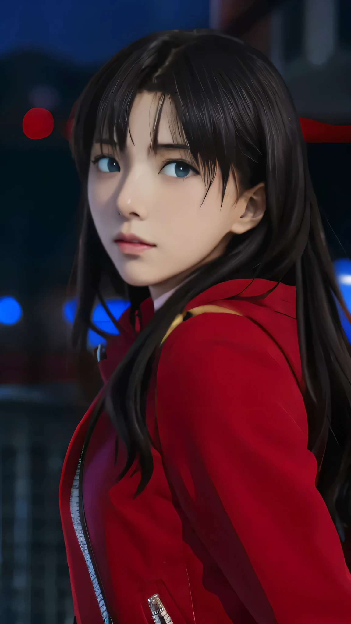 Anime girl with long black hair and blue eyes wearing red coat., rin tohsaka, anime style like destiny/Overnight stay, close up Otro iwakura, Otro iwakura, destiny / Overnight stay, Reimu Hakurei, close up of Otro iwakura, destiny Overnight stay, Closeup of Lain Iwakura, Unlimited sheet jobs
