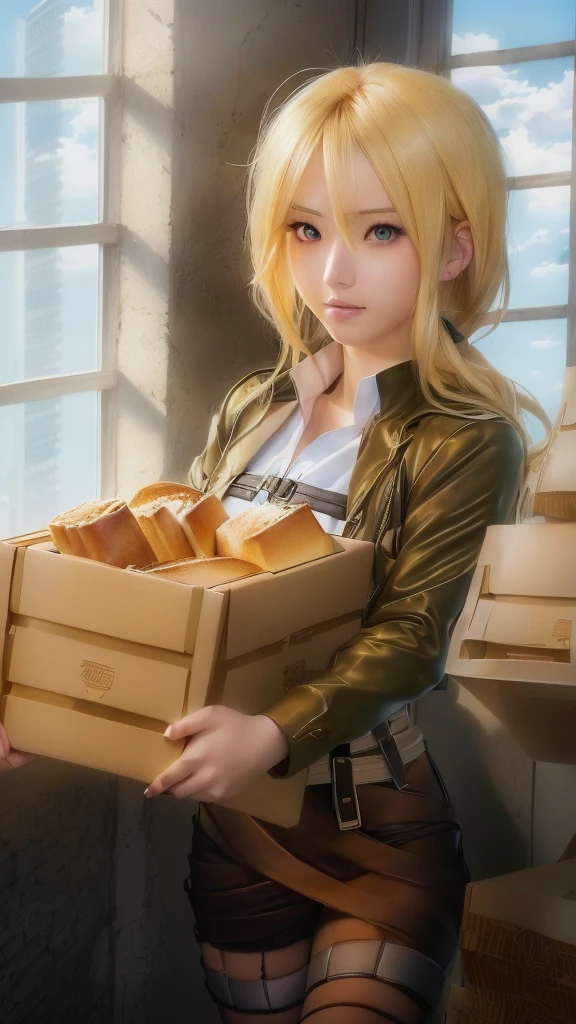 Blonde woman holding a box of bread in front of a window, Attack on Titanより, artwork in the style of Gwaiz, Attack on Titan, Renji Murata and Artgerm, Sakimi-chan Frank Franzeta, Gwaiz, (Attack on Titanアニメ), Gwaiz on pixiv artstation