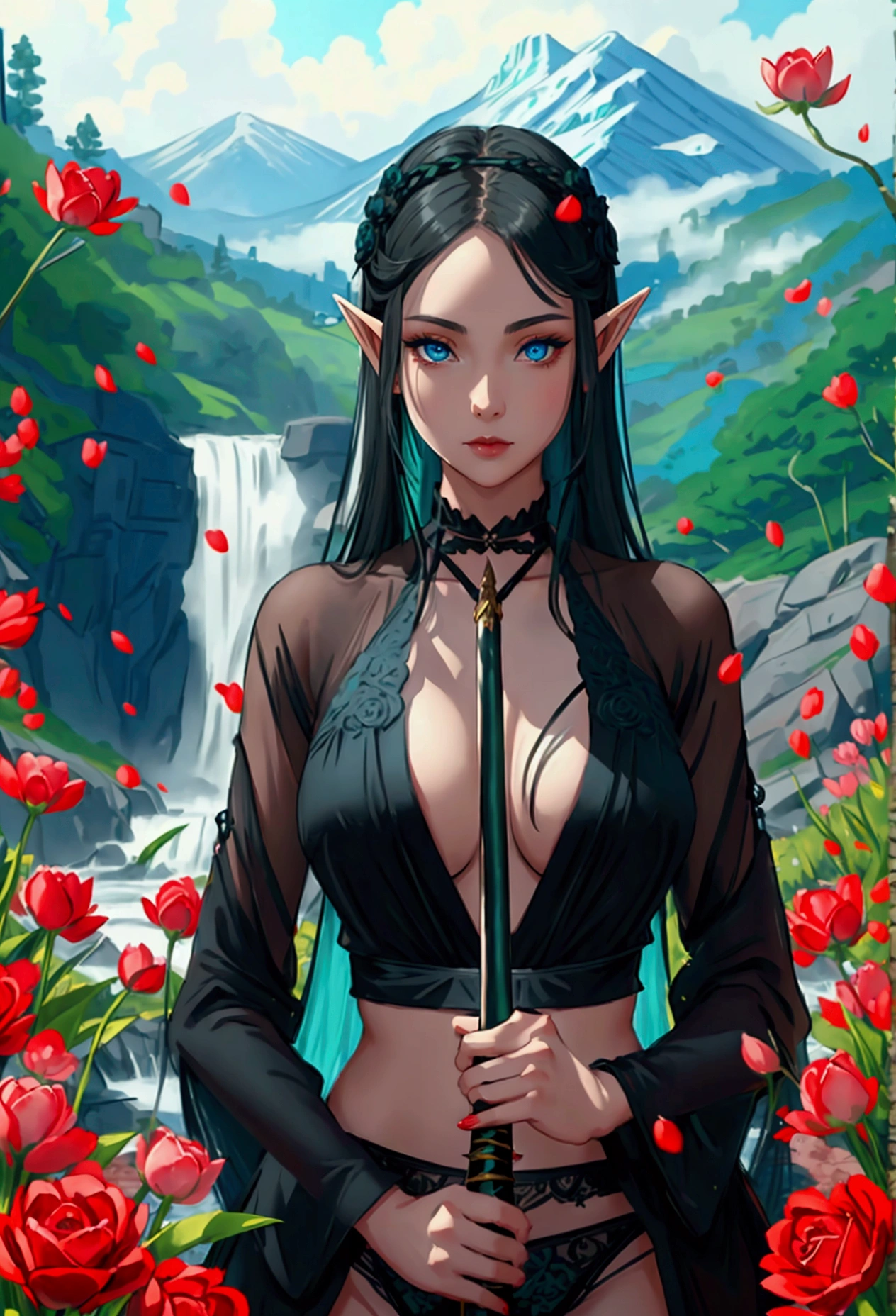 Young elf woman wearing black lingerie, blue eyes and black hair wielding a katana with a background of a waterfall, several green trees, tulips, roses and mountains 