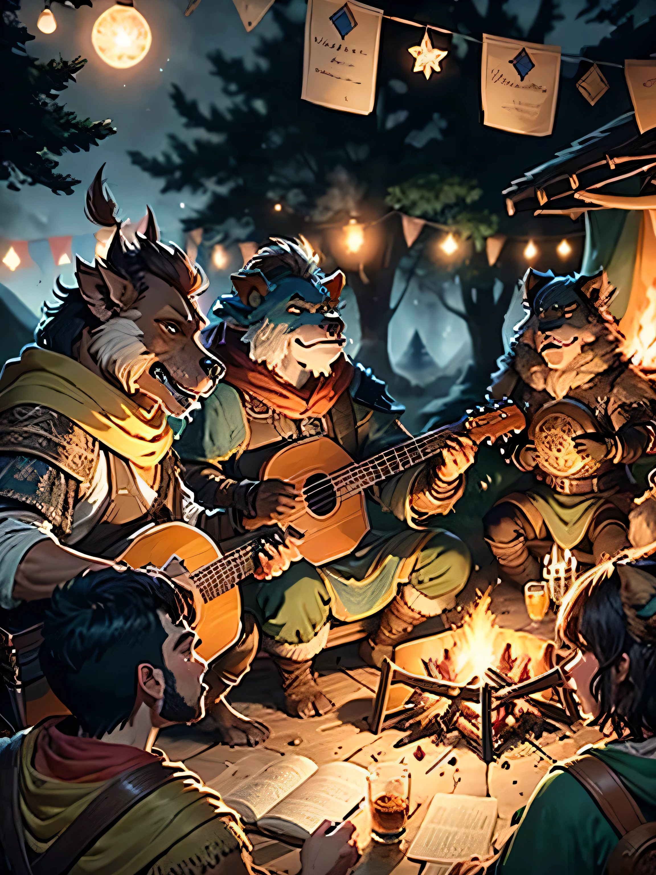 a group of ::bard gnolls in the world of dungeons and dragons, playing a lute, in an outdoor camp, ::bonfire, night, perfect face, strong, warriors gnolls