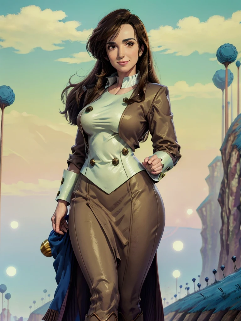 8k, Best Quality, Victoria Villarruel dressed in a suit as a Dragon Ball lawyer, long dark brown hair, slim with wide hips, smiling warm expression. outdoor, clearing, plain, namek trees background.