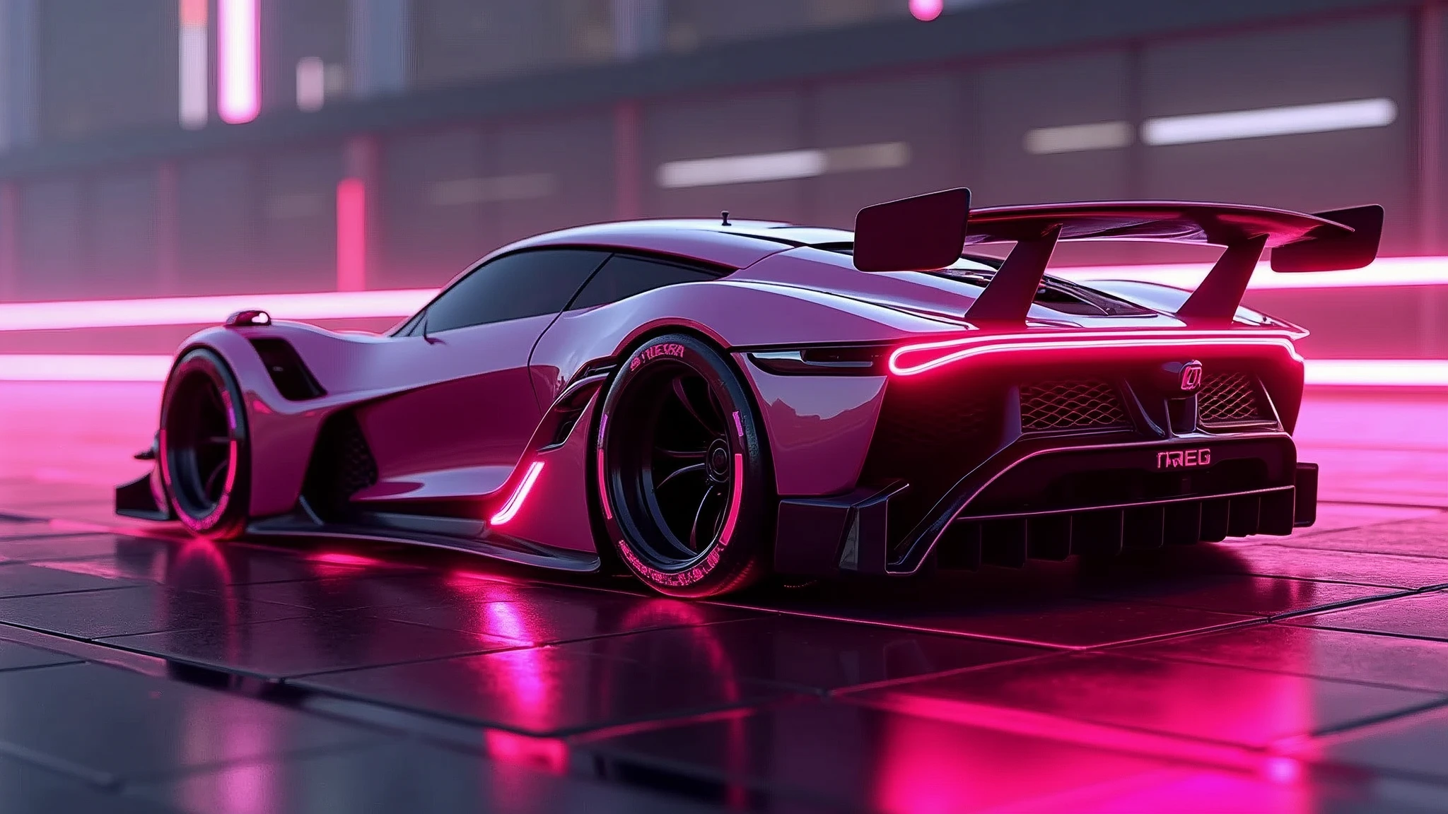 The image depicts a modern sports car with a neon pink and black color scheme, suggesting a futuristic or high-tech theme. The vehicle is designed with aerodynamic features, such as a large rear wing and air intakes on the side, indicating its performance-oriented nature. The car's sleek bodywork and low-profile tires contribute to its sporty aesthetic. The background has a digital, neon-lit effect, which complements the car's stylized appearance and reinforces the futuristic theme of the image. There are no people or indications of specific locations that would require the identification of traits such as gender or race., retina, accurate, masterpiece, super detail, best quality, award winning, highres, HD, 4K, 8k, 16k