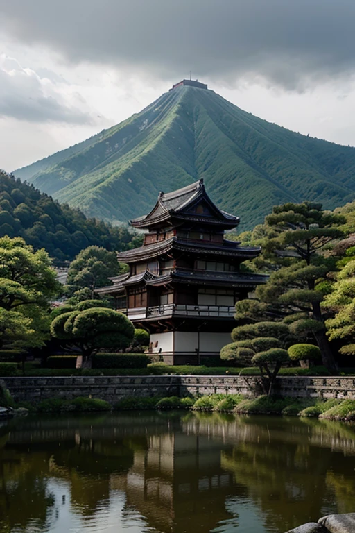 Beautiful palatial and gloomy Japanese castle in Japan with mountains and lakes