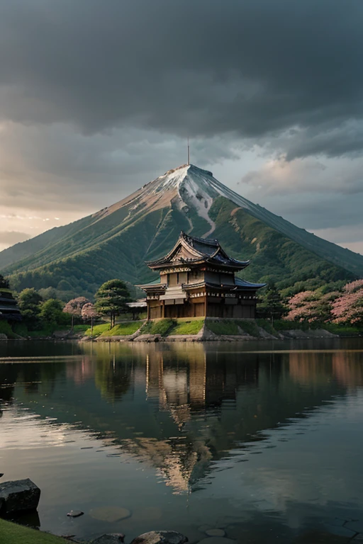 Beautiful palatial and gloomy Japanese castle in Japan with mountains and lakes