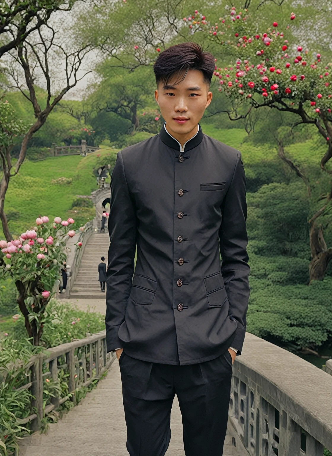 A Chinese man in his 20s wearing a black Chinese khaki old-style Mao suit with a collar and jacket pockets,White shirt,Holding the body with both hands,Pants are dark grey,Photo in front of a park with flowers and a bridge,There is a small staircase behind,There is a peony flower,Behind is a small red arch bridge,HD color photos,Simple background,The clothes are meticulous,Original professional photos,Dramatic lighting,Full-color HDR photos taken by professional photographers,Clear photos,The texture is amazing,Clear focus,High contrast,Amazing professionalism,Excellent details