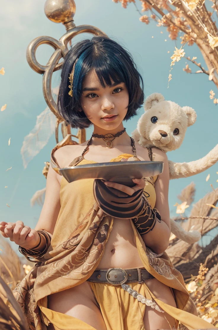 {Anime girl warrior with luminescent, short deep blue hair styled in intricate double buns, each adorned with golden filigree hairpins; her eyes shimmer like molten gold, radiating a warm, inviting glow:0.9}, 
{She is garbed in an casual battle outfit that melds maroon and gold accents, featuring elaborate golden embroidery that mimics ancient runes across the fabric. The outfit is cinched at the waist with a wide belt, boasting a large, gleaming red bow. She brandishes an elegantly crafted spear, its blade engraved with delicate symbols, while cradling a whimsical, wide-eyed teddy bear, dressed in a matching miniature warrior outfit, in her other arm:0.8}, 
[The background swirls with a dynamic interplay of fiery and aqueous elements, manifesting as abstract tendrils of blazing orange and deep azure, simulating an elemental dance that blurs the line between water and fire, creating an otherworldly vortex around her:0.7], 
{Rendered in a distinct anime style that exudes detailed, vibrant splash art quality reminiscent of acclaimed 'Mihoyo' and 'Onmyoji' art styles. The illustration boasts sharp, precise line work with a luminous color palette that brings every detail into stark, breathtaking focus:0.9}, 
{The scene is illuminated by bright, vivid lighting that casts dramatic shadows and highlights, enhancing the high-contrast, fantasy-like atmosphere. This dreamy, surreal ambiance is punctuated by light flecks that seem to dance across the scene, adding a magical, ethereal quality to the overall composition:0.8}