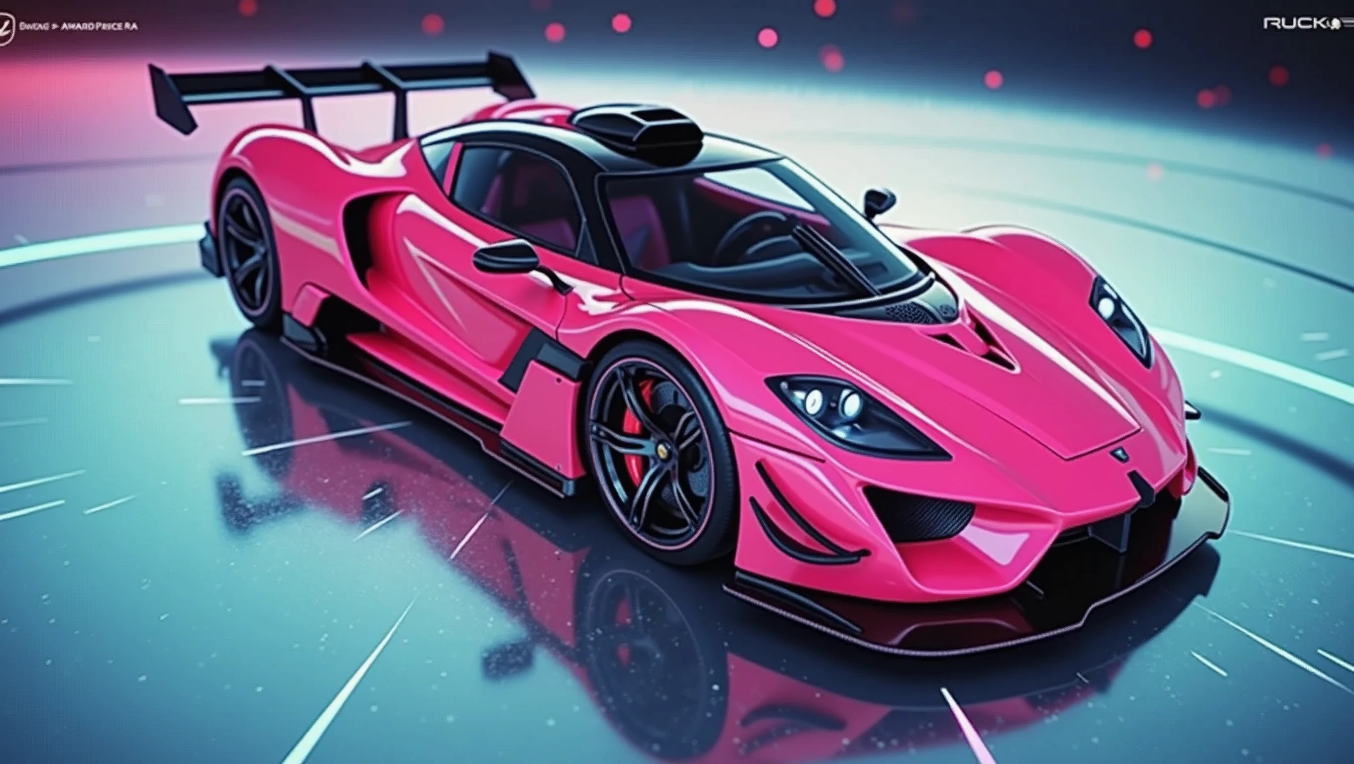 The image depicts a modern sports car with a neon pink and black color scheme, suggesting a futuristic or high-tech theme. The vehicle is designed with aerodynamic features, such as a large rear wing and air intakes on the side, indicating its performance-oriented nature. The car's sleek bodywork and low-profile tires contribute to its sporty aesthetic. The background has a digital, neon-lit effect, which complements the car's stylized appearance and reinforces the futuristic theme of the image. There are no people or indications of specific locations that would require the identification of traits such as gender or race., retina, accurate, masterpiece, super detail, best quality, award winning, highres, HD, 4K, 8k, 16k