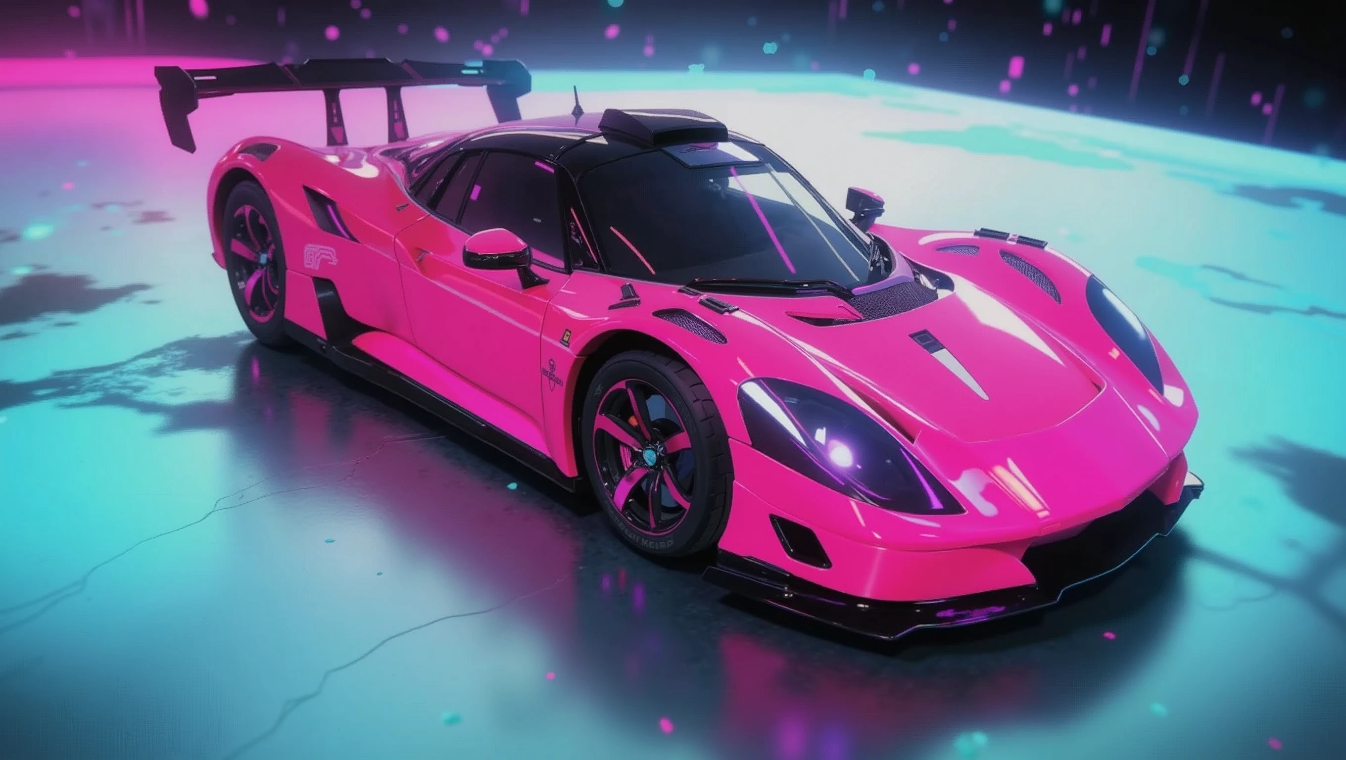 The image depicts a modern sports car with a neon pink and black color scheme, suggesting a futuristic or high-tech theme. The vehicle is designed with aerodynamic features, such as a large rear wing and air intakes on the side, indicating its performance-oriented nature. The car's sleek bodywork and low-profile tires contribute to its sporty aesthetic. The background has a digital, neon-lit effect, which complements the car's stylized appearance and reinforces the futuristic theme of the image. There are no people or indications of specific locations that would require the identification of traits such as gender or race., retina, accurate, masterpiece, super detail, best quality, award winning, highres, HD, 4K, 8k, 16k