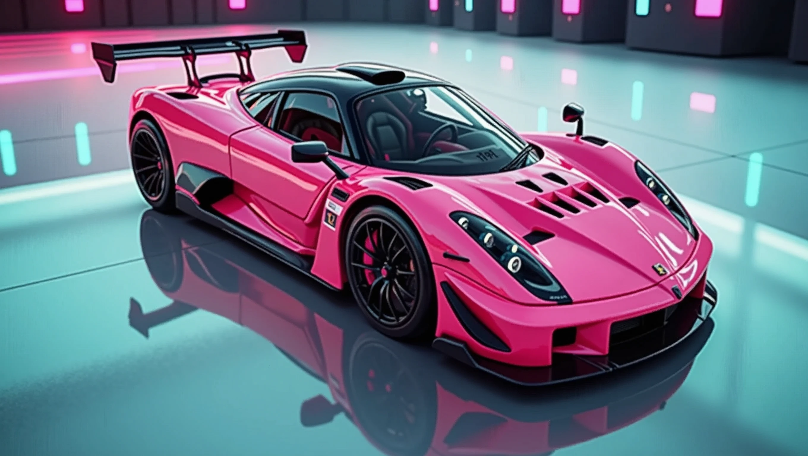 The image depicts a modern sports car with a neon pink and black color scheme, suggesting a futuristic or high-tech theme. The vehicle is designed with aerodynamic features, such as a large rear wing and air intakes on the side, indicating its performance-oriented nature. The car's sleek bodywork and low-profile tires contribute to its sporty aesthetic. The background has a digital, neon-lit effect, which complements the car's stylized appearance and reinforces the futuristic theme of the image. There are no people or indications of specific locations that would require the identification of traits such as gender or race., retina, accurate, masterpiece, super detail, best quality, award winning, highres, HD, 4K, 8k, 16k