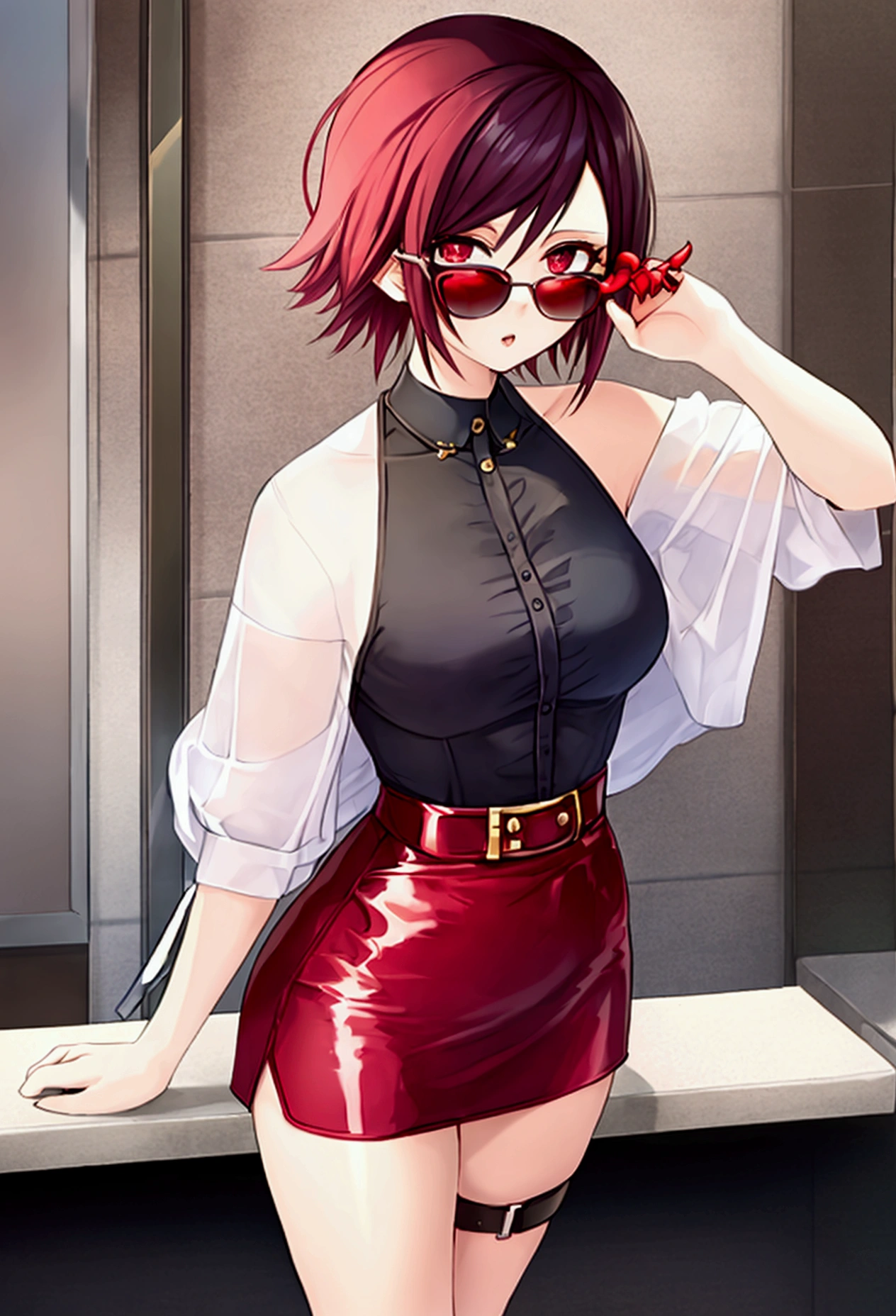 short cherry hair girl with dark complexion and winged sunglasses by jiro from bnha