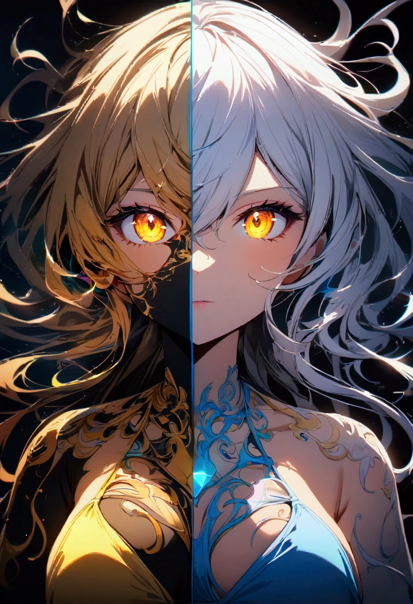 A girl with white hair and golden eyes with an aesthetic build in a bikini